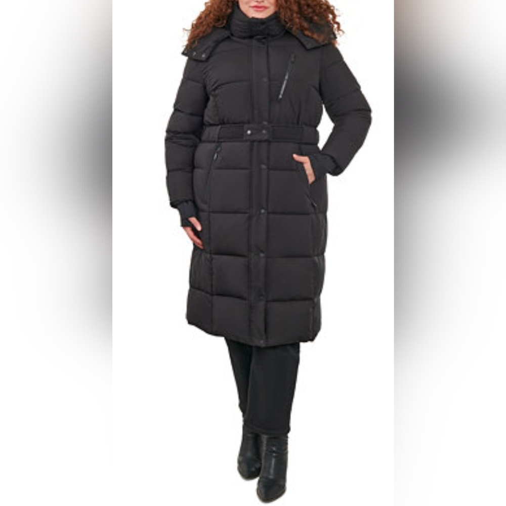 BCBGeneration Women's Black Hooded Puffer midi-length jacket, Size 2X